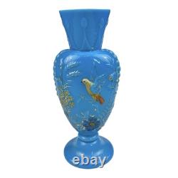 FRENCH OPALINE BLUE GLASS VASE Embossed Painted Gilt Flowers Bird 10.5