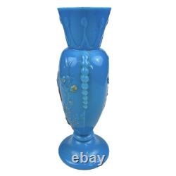 FRENCH OPALINE BLUE GLASS VASE Embossed Painted Gilt Flowers Bird 10.5