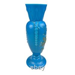 FRENCH OPALINE BLUE GLASS VASE Embossed Painted Gilt Flowers Bird 10.5
