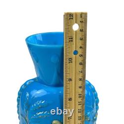 FRENCH OPALINE BLUE GLASS VASE Embossed Painted Gilt Flowers Bird 10.5