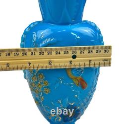 FRENCH OPALINE BLUE GLASS VASE Embossed Painted Gilt Flowers Bird 10.5
