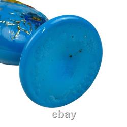 FRENCH OPALINE BLUE GLASS VASE Embossed Painted Gilt Flowers Bird 10.5