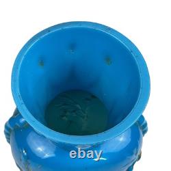 FRENCH OPALINE BLUE GLASS VASE Embossed Painted Gilt Flowers Bird 10.5