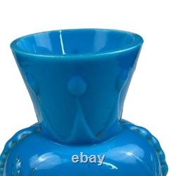 FRENCH OPALINE BLUE GLASS VASE Embossed Painted Gilt Flowers Bird 10.5