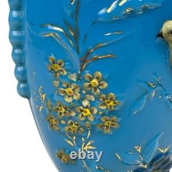 FRENCH OPALINE BLUE GLASS VASE Embossed Painted Gilt Flowers Bird 10.5