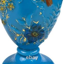 FRENCH OPALINE BLUE GLASS VASE Embossed Painted Gilt Flowers Bird 10.5