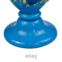 FRENCH OPALINE BLUE GLASS VASE Embossed Painted Gilt Flowers Bird 10.5