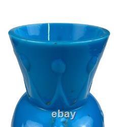 FRENCH OPALINE BLUE GLASS VASE Embossed Painted Gilt Flowers Bird 10.5