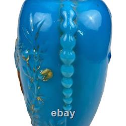 FRENCH OPALINE BLUE GLASS VASE Embossed Painted Gilt Flowers Bird 10.5