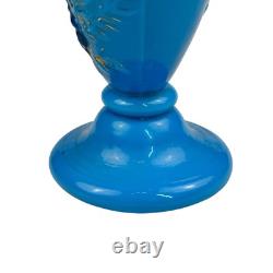 FRENCH OPALINE BLUE GLASS VASE Embossed Painted Gilt Flowers Bird 10.5