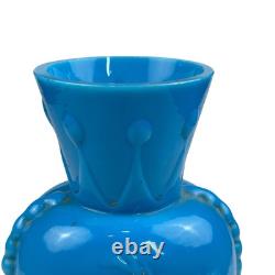 FRENCH OPALINE BLUE GLASS VASE Embossed Painted Gilt Flowers Bird 10.5