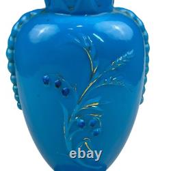 FRENCH OPALINE BLUE GLASS VASE Embossed Painted Gilt Flowers Bird 10.5