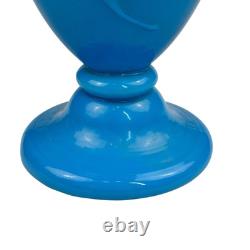 FRENCH OPALINE BLUE GLASS VASE Embossed Painted Gilt Flowers Bird 10.5