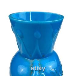 FRENCH OPALINE BLUE GLASS VASE Embossed Painted Gilt Flowers Bird 10.5