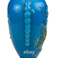 FRENCH OPALINE BLUE GLASS VASE Embossed Painted Gilt Flowers Bird 10.5