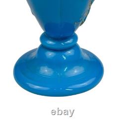 FRENCH OPALINE BLUE GLASS VASE Embossed Painted Gilt Flowers Bird 10.5