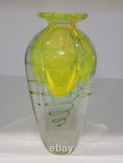 Faceted Sommerso Art Glass Yellow Blue 7.25 Vase Four Sided Heavy