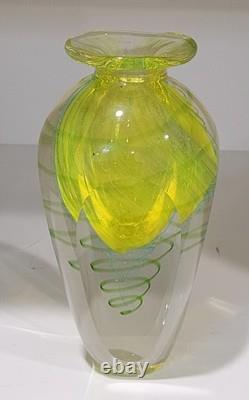 Faceted Sommerso Art Glass Yellow Blue 7.25 Vase Four Sided Heavy