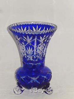 Fantastic Antique Bohemian Cut To Clear Cobalt Blue Large 11 Crystal Glass Vase