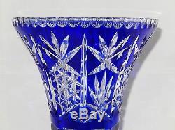 Fantastic Antique Bohemian Cut To Clear Cobalt Blue Large 11 Crystal Glass Vase