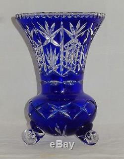 Fantastic Antique Bohemian Cut To Clear Cobalt Blue Large 11 Crystal Glass Vase