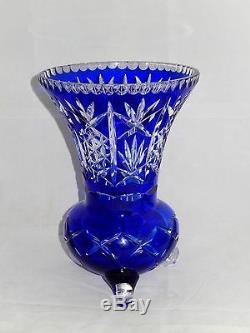 Fantastic Antique Bohemian Cut To Clear Cobalt Blue Large 11 Crystal Glass Vase