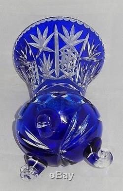 Fantastic Antique Bohemian Cut To Clear Cobalt Blue Large 11 Crystal Glass Vase