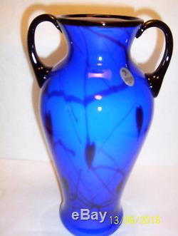 Fenton 10 HANGING HEARTS Cobalt Blue Handled Vase by Dave Fetty