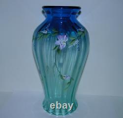 Fenton 10 Vase Rib Optic Tranquility Aqua Cobalt Blue HP Flowers 1999 Family