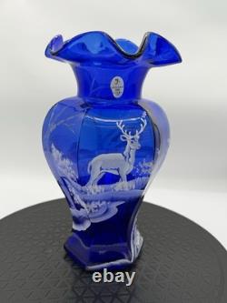 Fenton 100th Anniversary Cobalt Blue HP Deer in Winter Scene Glass Hexagon Vase