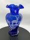 Fenton 100th Anniversary Cobalt Blue HP Deer in Winter Scene Glass Hexagon Vase