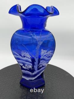 Fenton 100th Anniversary Cobalt Blue HP Deer in Winter Scene Glass Hexagon Vase