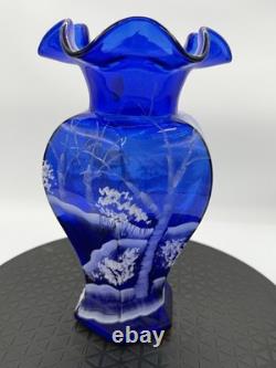 Fenton 100th Anniversary Cobalt Blue HP Deer in Winter Scene Glass Hexagon Vase