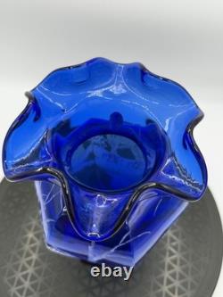 Fenton 100th Anniversary Cobalt Blue HP Deer in Winter Scene Glass Hexagon Vase