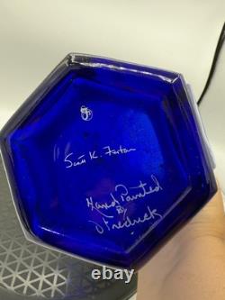 Fenton 100th Anniversary Cobalt Blue HP Deer in Winter Scene Glass Hexagon Vase