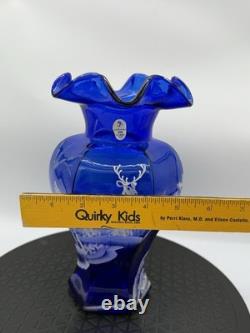 Fenton 100th Anniversary Cobalt Blue HP Deer in Winter Scene Glass Hexagon Vase