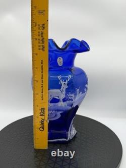 Fenton 100th Anniversary Cobalt Blue HP Deer in Winter Scene Glass Hexagon Vase