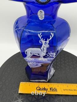 Fenton 100th Anniversary Cobalt Blue HP Deer in Winter Scene Glass Hexagon Vase