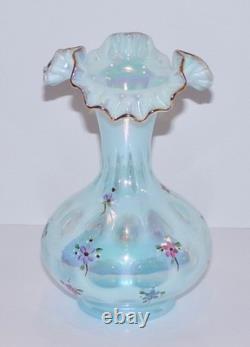 Fenton 1991 Pale BLUE OPALESCENT GLASS Hand Painted Coin Dot Crimped Vase SIGNED