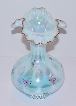 Fenton 1991 Pale BLUE OPALESCENT GLASS Hand Painted Coin Dot Crimped Vase SIGNED