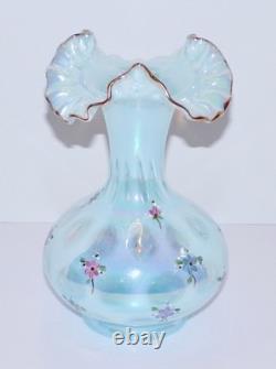 Fenton 1991 Pale BLUE OPALESCENT GLASS Hand Painted Coin Dot Crimped Vase SIGNED