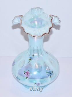 Fenton 1991 Pale BLUE OPALESCENT GLASS Hand Painted Coin Dot Crimped Vase SIGNED