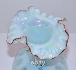 Fenton 1991 Pale BLUE OPALESCENT GLASS Hand Painted Coin Dot Crimped Vase SIGNED