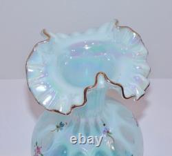 Fenton 1991 Pale BLUE OPALESCENT GLASS Hand Painted Coin Dot Crimped Vase SIGNED
