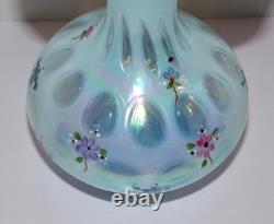 Fenton 1991 Pale BLUE OPALESCENT GLASS Hand Painted Coin Dot Crimped Vase SIGNED