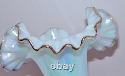 Fenton 1991 Pale BLUE OPALESCENT GLASS Hand Painted Coin Dot Crimped Vase SIGNED
