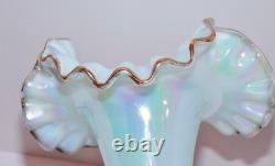 Fenton 1991 Pale BLUE OPALESCENT GLASS Hand Painted Coin Dot Crimped Vase SIGNED
