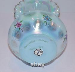 Fenton 1991 Pale BLUE OPALESCENT GLASS Hand Painted Coin Dot Crimped Vase SIGNED