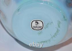 Fenton 1991 Pale BLUE OPALESCENT GLASS Hand Painted Coin Dot Crimped Vase SIGNED
