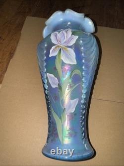 Fenton 1997 Irises On Misty Blue Iridescent Satin Feather Vase 2782 Signed